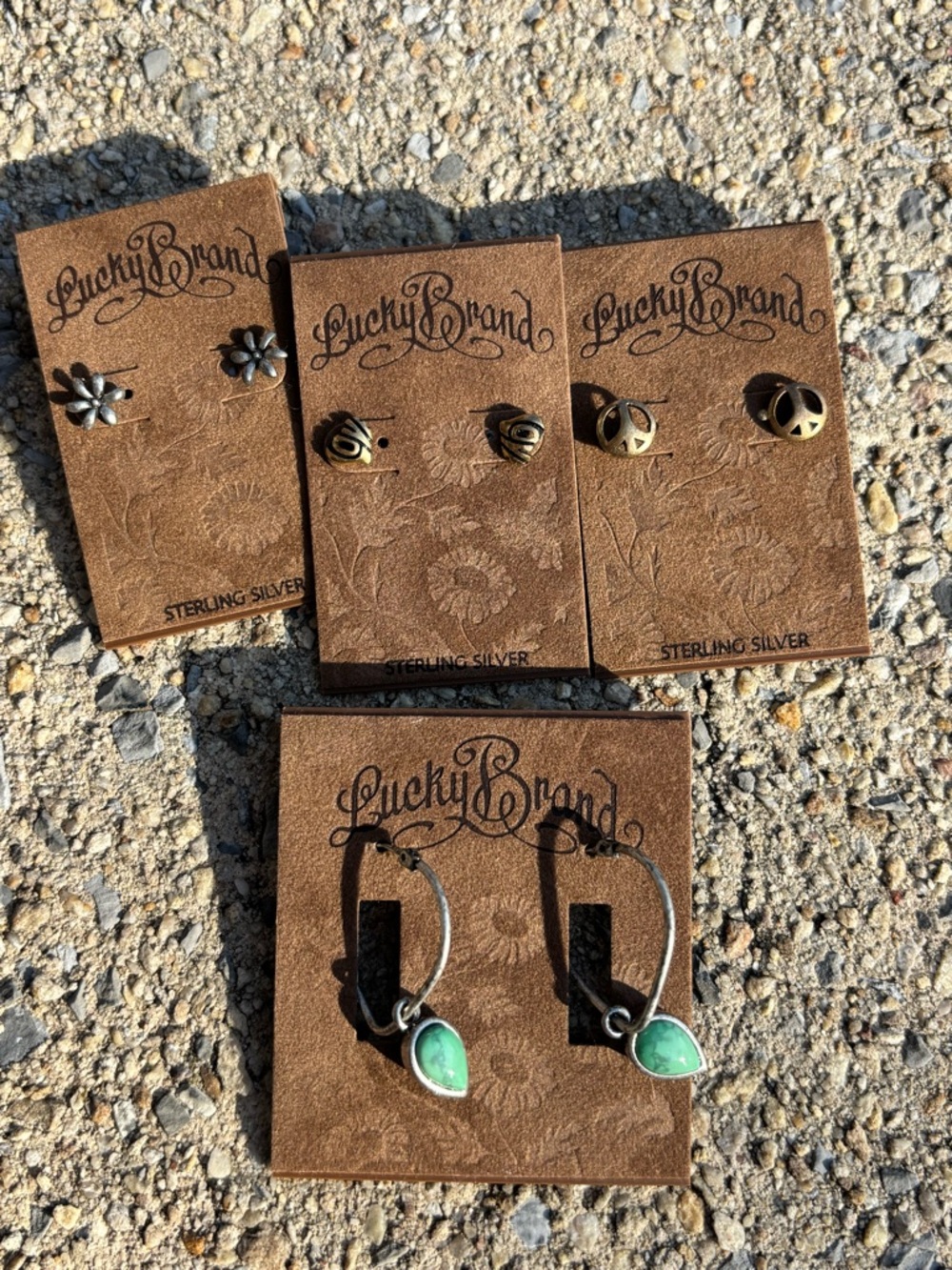 Lucky Brand Sterling Silver Studs and Hoop Earrings with Green Stone